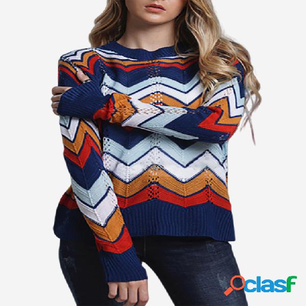 Multi-color Stripe Hollow manga comprida Casual Sweater