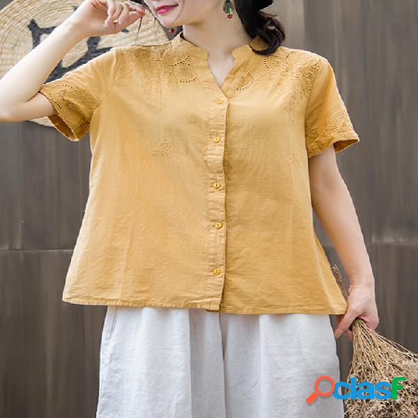 Oco Bordado Manga curta Pure Color Casual Blusas