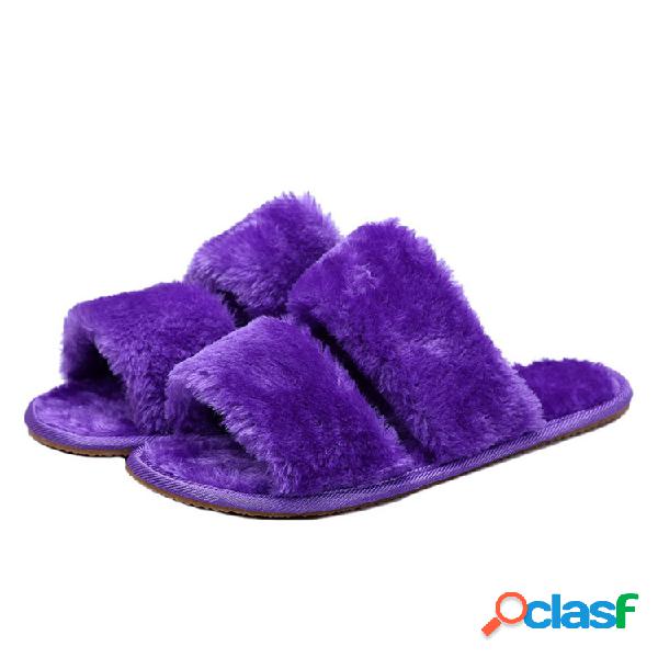 Peludo dois strappy quente plana slip indoor em chinelos