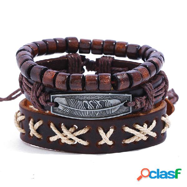 Pulseira de pulseira de couro Vintage Wax corda onda