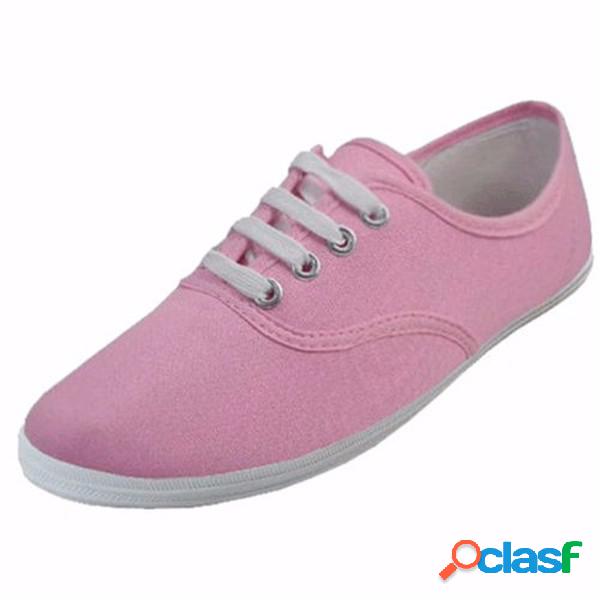 Pure Color Lace Up Canvas Flat Sapatos casuais para mulheres