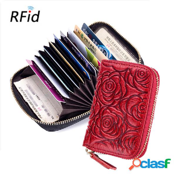 RFID Mulheres Couro Genuíno Carteira Curta 9 Card Slot Card