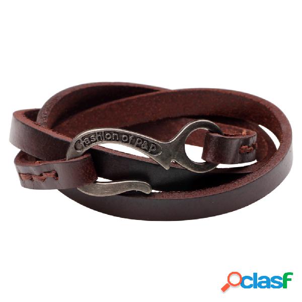 Retro Leather Multilayers ajustável moda masculina pulseira