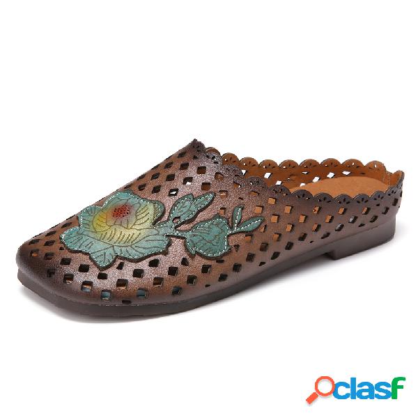 Retro couro floral Applique recortes Soft mulas planas