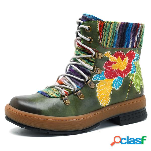 SOCOFY Bohemian Handmade Padrão Botas de couro com cadarço