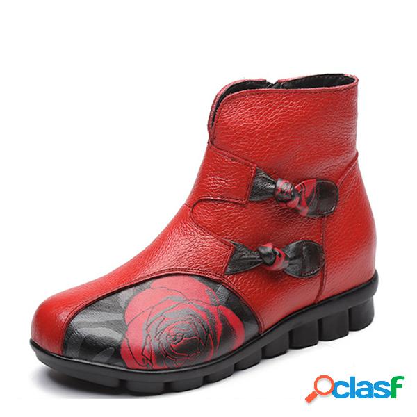 SOCOFY Botinha Cano Retro Estampada Plana de Couro