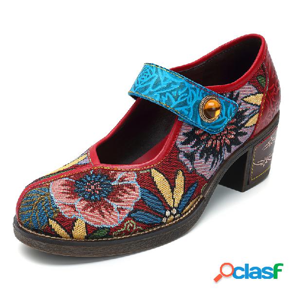 SOCOFY Pumps de Couro de Costura Floral Jacquard Modelo de