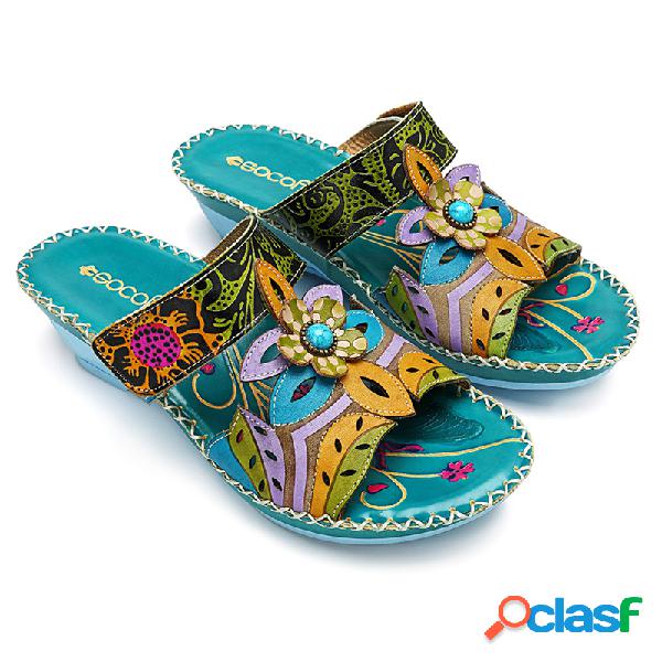 SOCOFY Sandália de Couro Boêmica Ajustável com Velcro