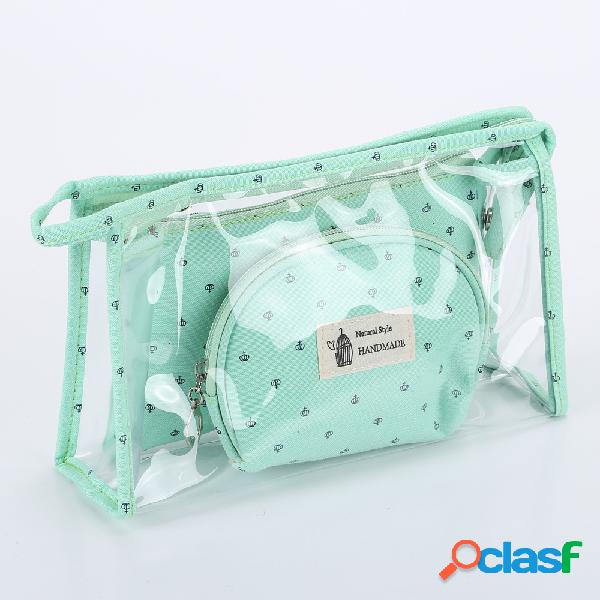 Saco cosmético de três partes transparente do PVC da coroa