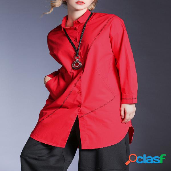 Sutura decorada manga comprida Turn-down Collar Camisas