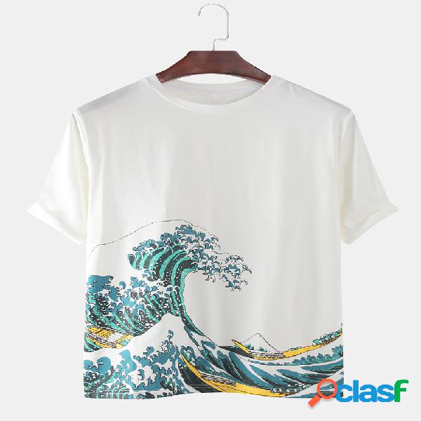 T-shirt do pescoço da onda do estilo japonês dos homens