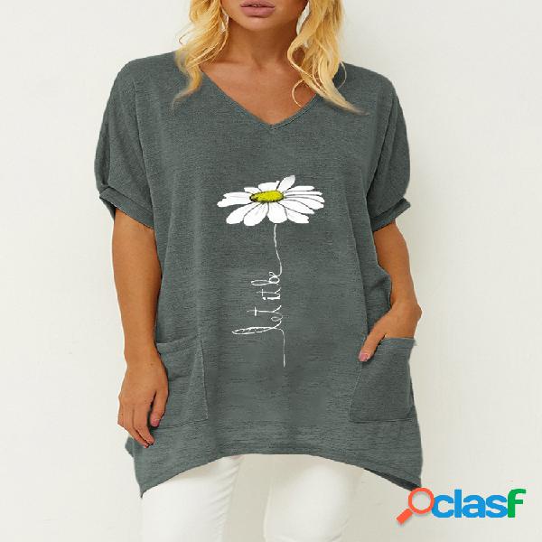 T-shirt longo com estampa floral da margarida e bainha