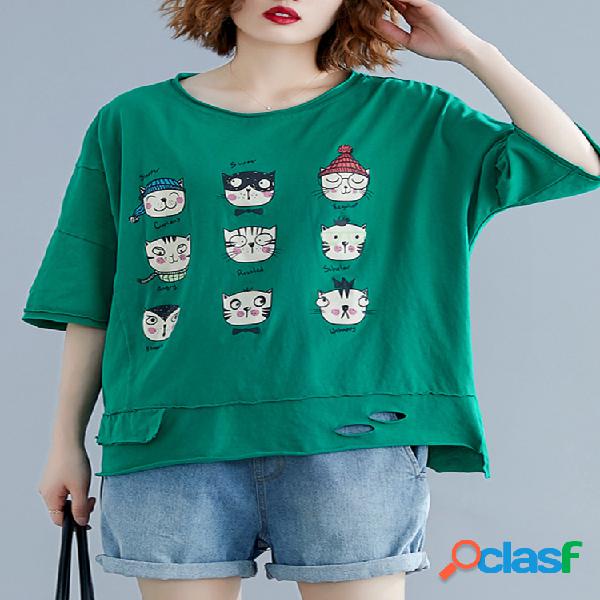 T-shirt oco dos desenhos animados impressão gato meia manga