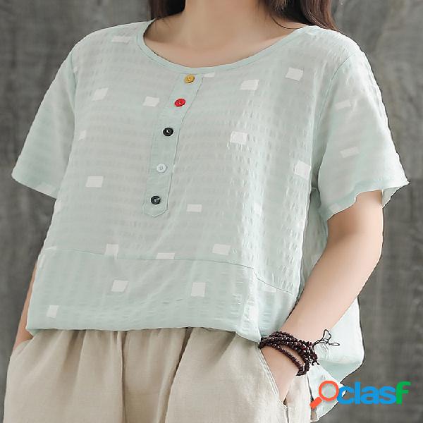 T-shirt xadrez vintage feminina de algodão e linho camiseta