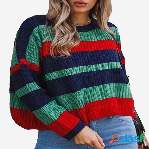 Tricô colorido listrado manga longa Casual pulôver