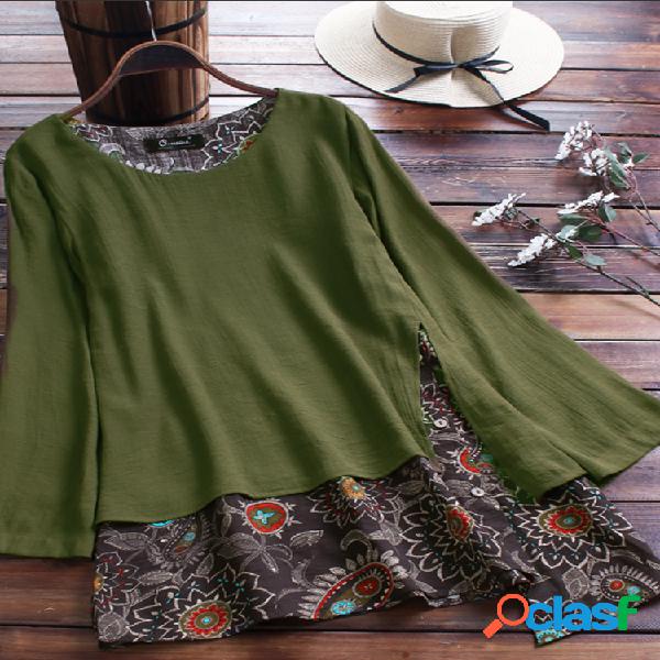 Vintage Patchwork Irregular Hem Print Plus Blusa de tamanho