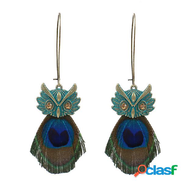 Vintage antigo ouro coruja azul pavão pena oscila brincos