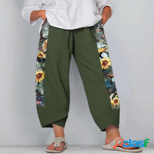 Women Flower Print Patched Casual Pant Elastic Waist Pant