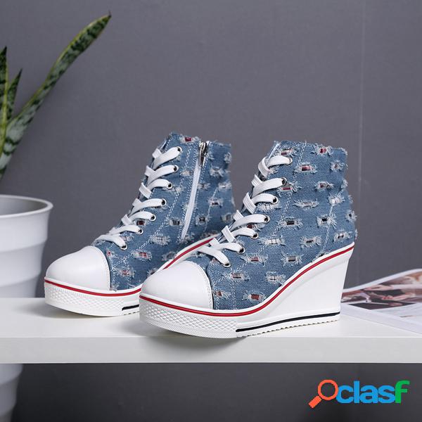 Zíper de lona ata acima cunhas sapatos de alta top