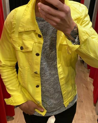 Jaqueta amarela casaco jeans destroyed com elastano slim