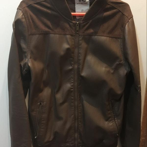 jaqueta de couro sintético marrom masculina tamanho p