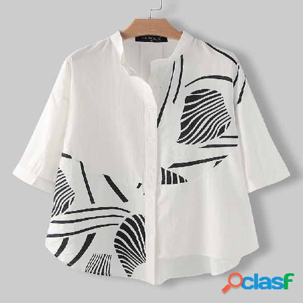 3/4 de manga gola de impressão casual Camisa para mulheres