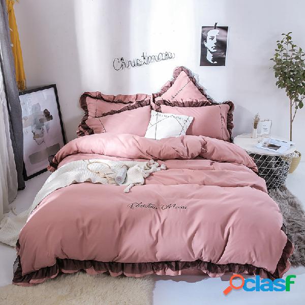 4 Pcs Cor Sólida Bordado Rendas Purfle Conjunto de Cama