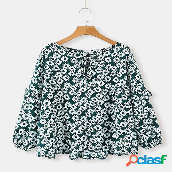 Bandage Daisy Floral Print Long Sleeve Blouse For Women