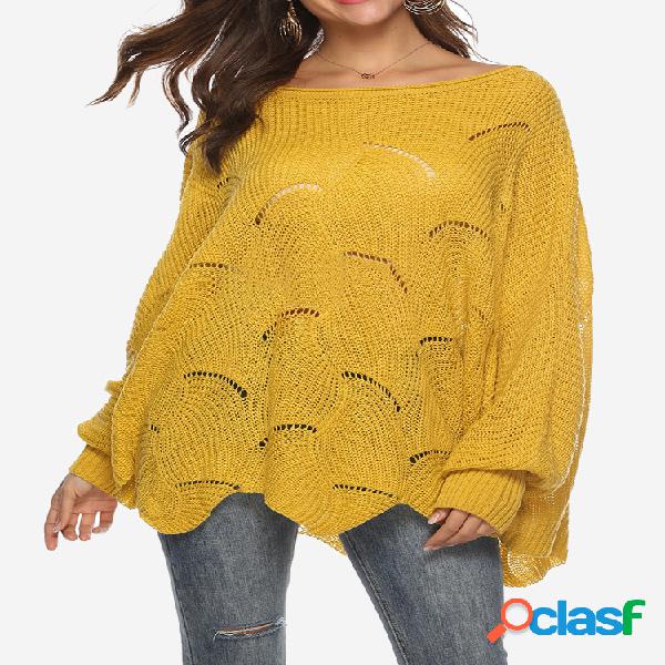 Bispo chique manga tripulação pescoço ondas Hem camisola