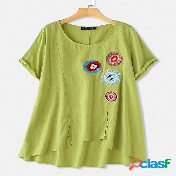 Blusa assimétrica de O-pescoço de bordado Plus