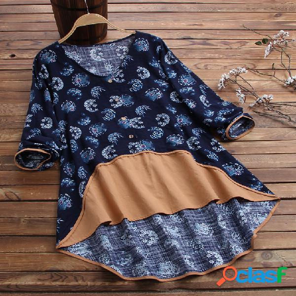 Blusa de botão de manga comprida com estampa floral e