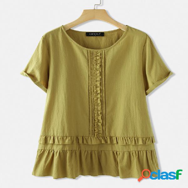 Blusa de manga curta com babados no pescoço de cor sólida