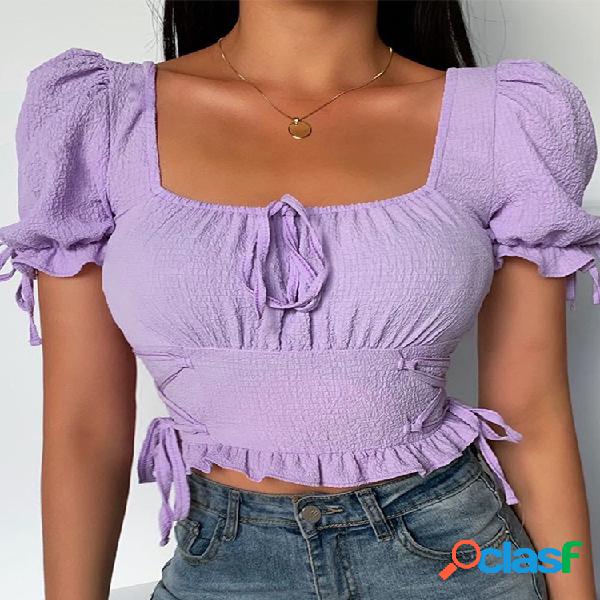 Blusa de manga curta de cor sólida com bandagem selvada
