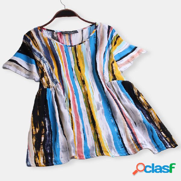 Blusa de manga curta listrada Casual Plus