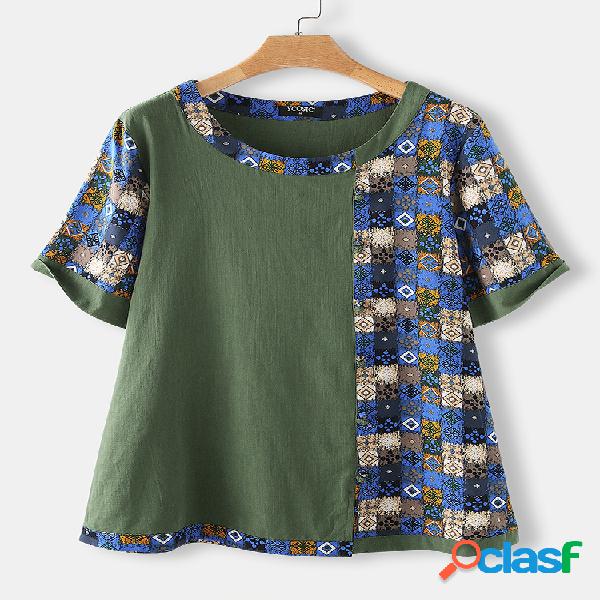 Blusa de mangas curtas com botão de patchwork impresso