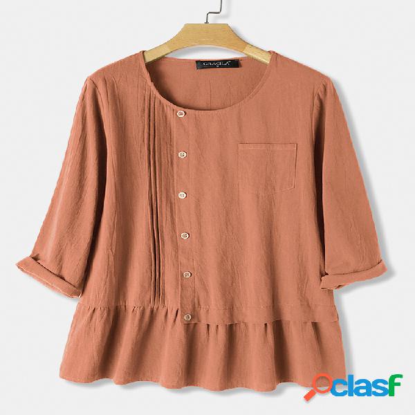 Blusa de mangas plissadas de retalhos de cor sólida para