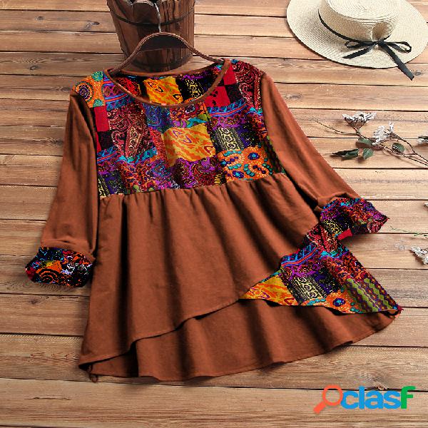 Blusa de tamanho Plus assimétrica de retalhos de impressão