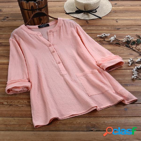 Blusa de tamanho Plus de algodão de botão de cor sólida