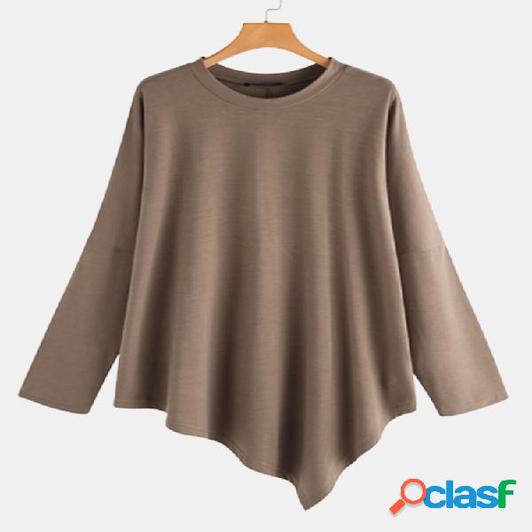 Blusa de tamanho irregular Crewneck Plus de cor sólida para