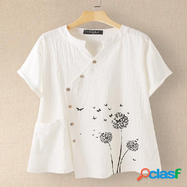 Blusa irregular de botão de manga curta de impressão de