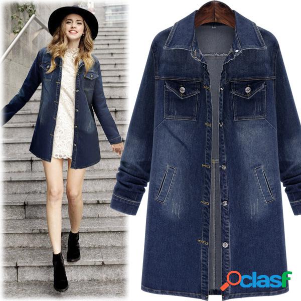 Blusão feminino seção longa denim blusa jaquetas