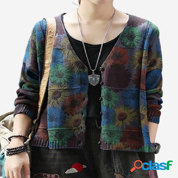 Bohemian Flower Printed Cardigan Vintage Mulheres
