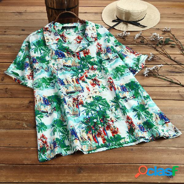 Bohemian Print manga curta Plus tamanho Hawaii Camisa para