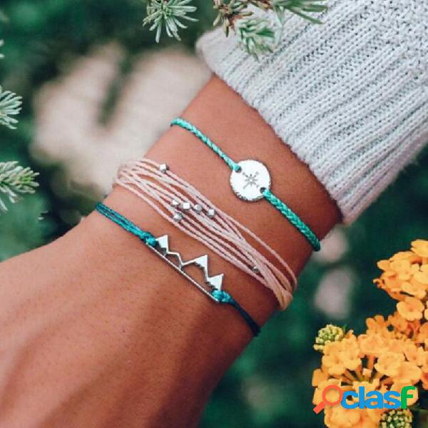 Bohemian Trançado Corda Pulseira Set 3 Peça Liga Moedas