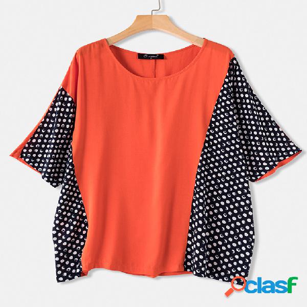 Bolinhas Imprimir Patchwork O-pescoço Plus Blusa Tamanho