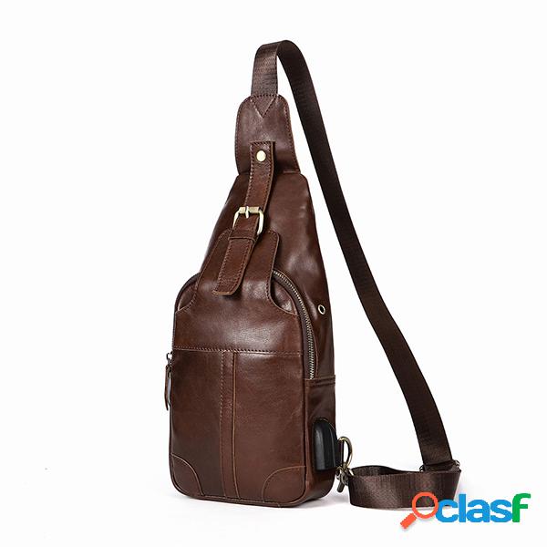 Bolsa Masculina de Peito de Couro Genuíno Vintage de USB