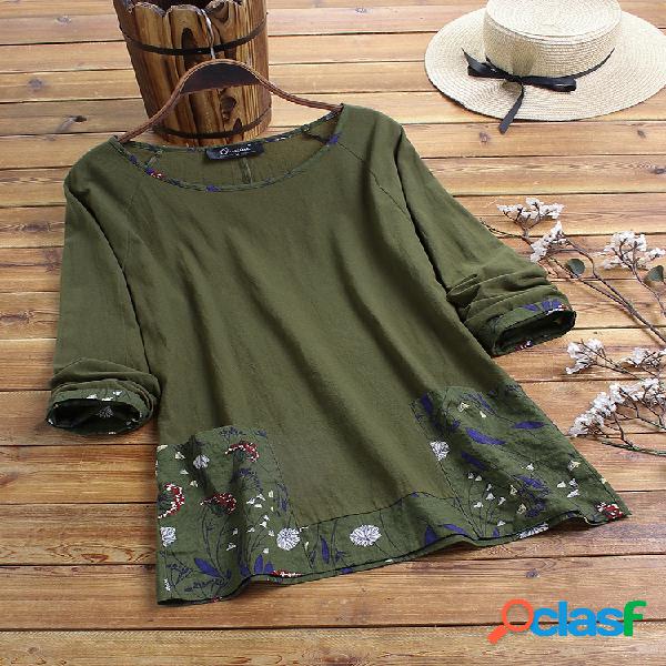 Bolsos de retalhos de estampa floral de algodão Plus Blusa