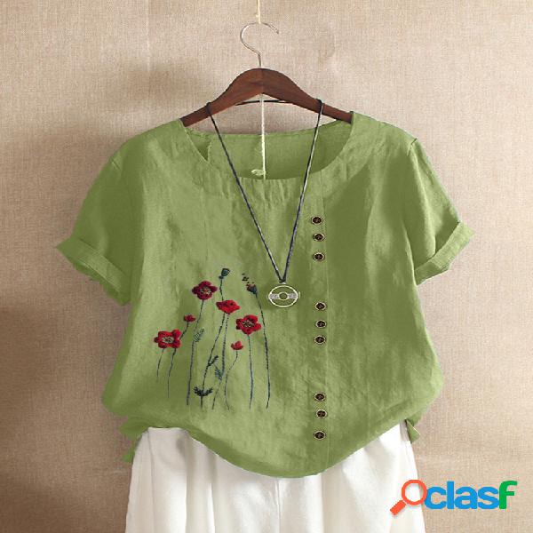 Bordado Floral manga curta O-Neck T-shirt Para Mulheres