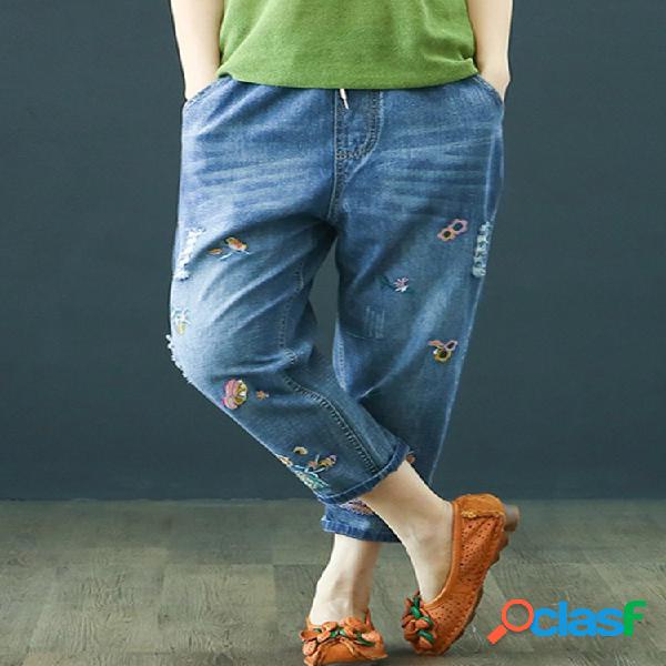 Bordado elástico na cintura Harem Casual Denim