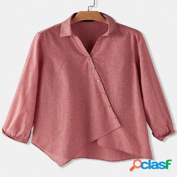Botão Irregular de Cor Sólida Vintage com decote em V Plus